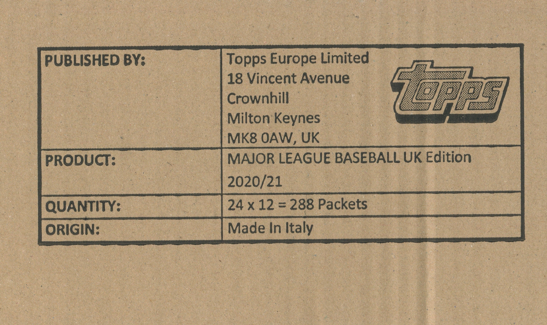 2020 Topps UK Edition Hobby Baseball, 12 Box Case